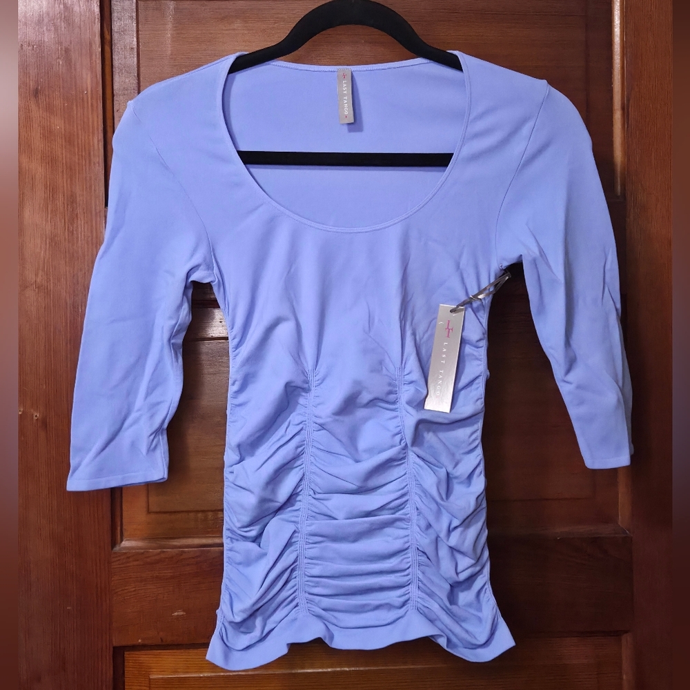NWT Last Tango Light Sky Blue Ruched Scoop Neck 3/4 Sleeve Top Sz S/M